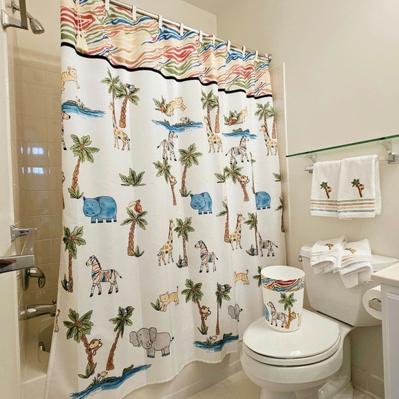 Animated Baby Animal Shower Curtain, Trash Can & 4 Hand Towel Set - Picture 1 of 16